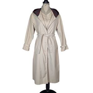 90s Vintage Mervyn's Partner Petites Trenchcoat Lined Hooded Tan Red Plaid Trim